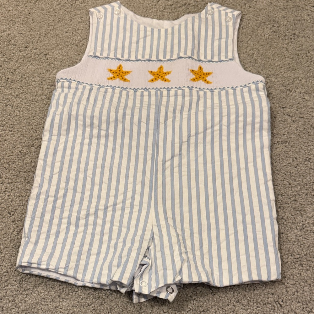 Blue & White Striped Star Smocked Baby One-Piece